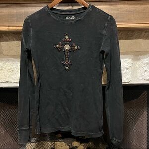 Velvet Stone Embellished Cross Thermal Top Grunge Mall Goth Sz M